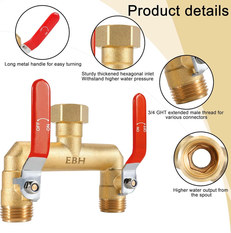 EBH Garden Hose Splitter, 2-Way High Flow Heavy Duty Brass Outdoor Hose Manifold with Extra Long Handles Full Flow Faucet Adapter- 3/4” GHT(Red) - Image 3